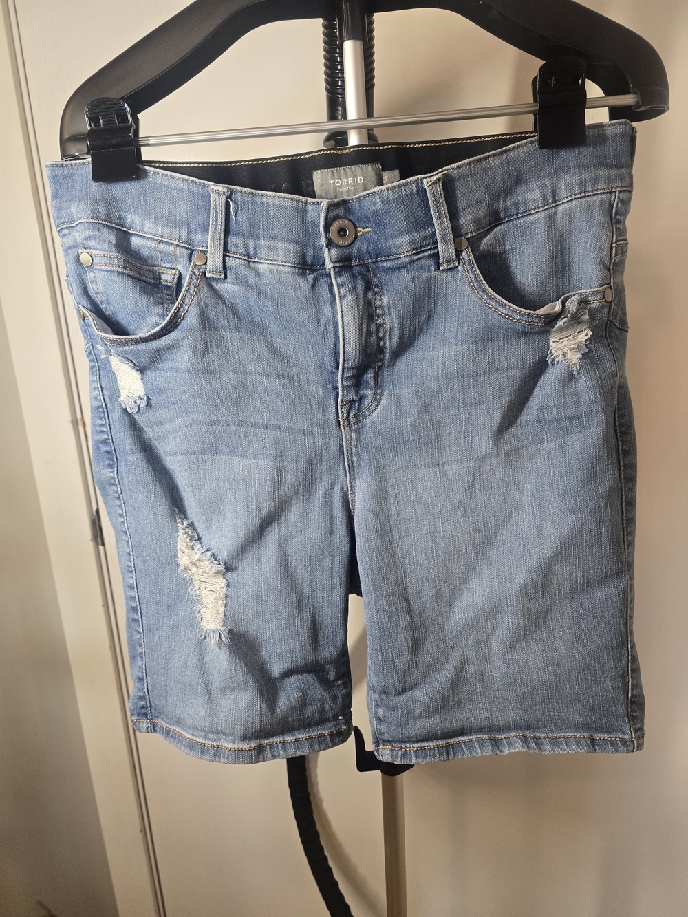 Torrid Light Blue Distressed Denim Bermuda Shorts - Mid Rise